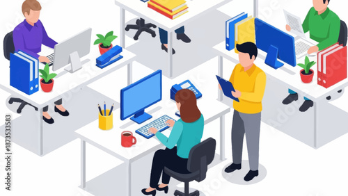 Modern office workspace with diverse employees working collaboratively.