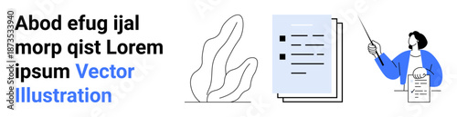 Education, business presentation, document analysis, teaching, training, and graphic design. Abstract shapes with a teacher presenting documents. Education and business presentation theme