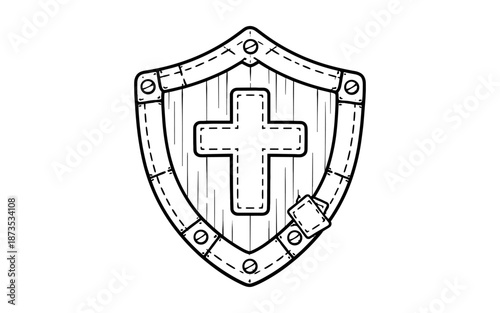 Christian cross shield emblem with stitched leather and metal accents Free Download Christian cross shield emblem with stitched leather and metal accents - GFXLoad