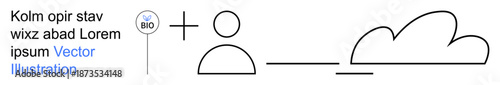 Identity, profile management, cloud computing, digital data, customization, networking. Minimal user icon and cloud with placeholder text and a bio label. Identity and cloud computing concept