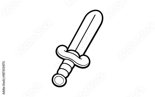 Simple black and white illustration of a cartoon sword on a white background