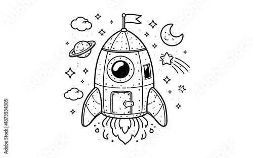 Cute cartoon rocket ship blasting off into starry space with planets and clouds