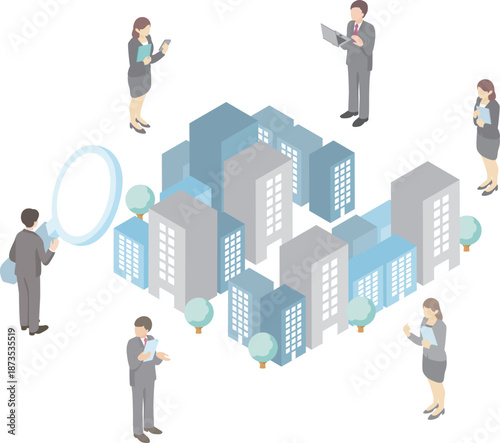 Isometric Job Hunting and Company Research Illustration. Business Team Analyzing Corporations for Career