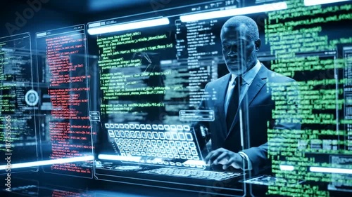 Businessman interacting with futuristic digital interface in a tech lab