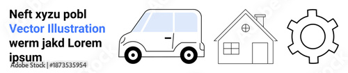 Simple car, house, and gear outline connecting mobility, engineering, and modern living. Ideal for transportation, construction, home automation, energy efficiency technology innovation simple