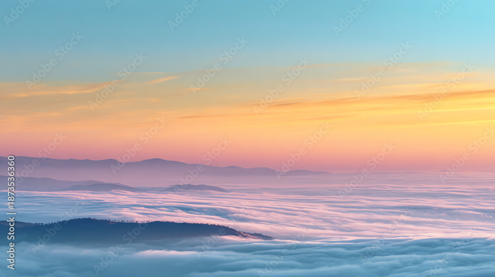 Obraz premium A breathtaking view of soft clouds and mountains at sunrise, displaying pastel colors in the sky.