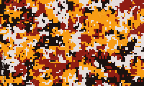 Abstract pixelated camouflage pattern in warm tones of orange, red, black, and white.  Perfect for backgrounds, textiles, or digital designs needing a bold, modern aesthetic.