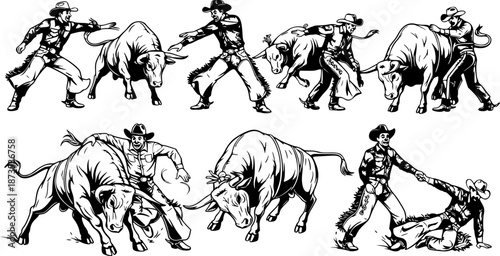 Rodeo Clown Bull Rider Silhouette Protection Rodeo Bullfighter Professional Clown Protecting Black Vector Isolated White Background Entertainer Danger Hero Safety