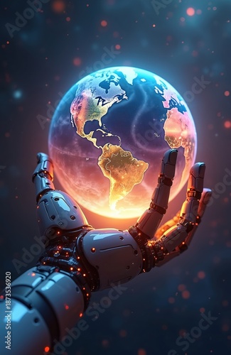 Robotic hand gently holds glowing planet Earth with continents lit. Advanced AI technology concept, digital future, global network. Sci fi digital art.