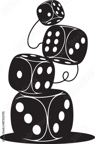 Black and white illustration of stacked dice falling down