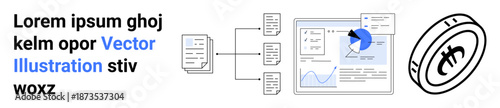 Data analysis, cryptocurrency, blockchain, fintech, digital economy, statistics. Diagram showing data processing, graphs and a blockchain currency symbol. Data analysis and cryptocurrency