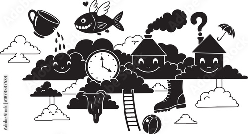 Whimsical black and white illustration of dreamlike surreal scene