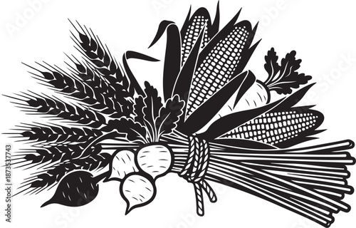 Harvest bundle of wheat, corn, and vegetables illustration