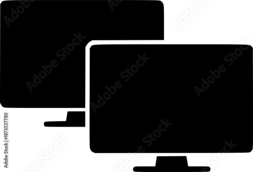Silhouette of two overlapping computer monitors (dual monitor icon) in flat black

