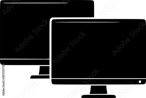 Silhouette of two overlapping computer monitors (dual monitor icon) in flat black
