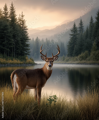 Majestic White-Tailed Deer Buck Standing by a Foggy Mountain Lake at Sunrise created with Generative AI Technology, ai, generative