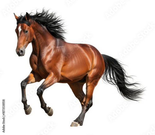 Beautiful brown horse galloping freely on lush grass mane flowing collected in action poses isolated, symbolizing power and nature