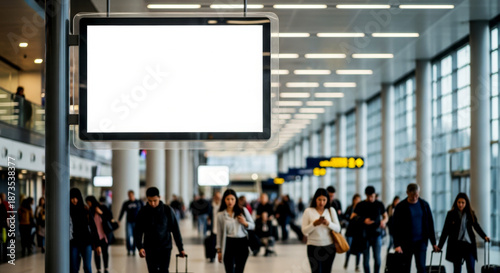 Blank billboard mockup in an indoor metro or airport hall setting white advertising board with blurred background, ideal for business