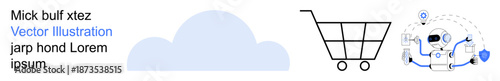 Technology, e-commerce, AI solutions, data security, digital transformation, cloud services. Cloud shape, shopping cart AI robot with secure connection graphic. E-commerce and AI solutions concept