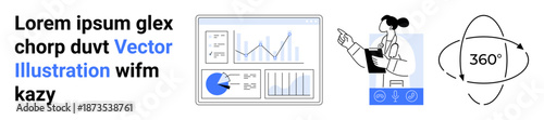 Analyst pointing at a screen with charts, graphs, and pie charts alongside a 360-degree concept. Ideal for data analysis, research, strategy, training, innovation, leadership simple landing page