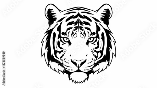A detailed black and white illustration of a tiger's face viewed directly from the front.