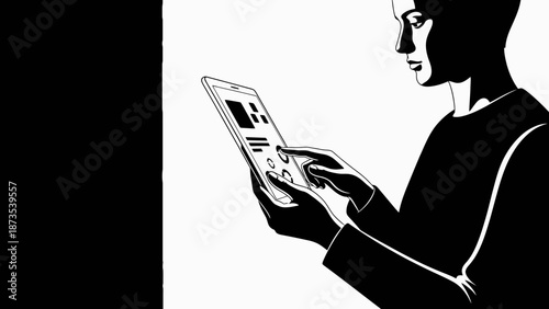 A person holding a smartphone and interacting with it in a simple illustration