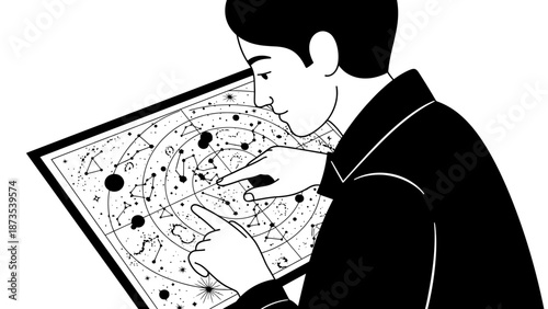 Man studying astronomy map with intricate details and constellations