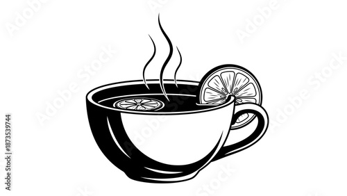 A steaming cup of tea with lemon slice garnish on a plain white background viewed from the side
