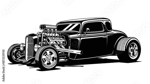 Vintage car illustration showcasing classic design and powerful engine in a sleek, black finish