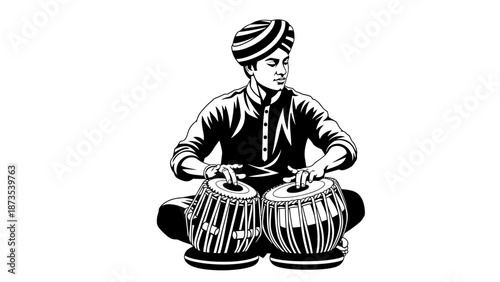 Man playing traditional Indian drums while sitting cross-legged on the floor