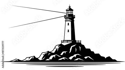 A majestic lighthouse standing tall on rugged rocky terrain, beaconing safety through the vast ocean waves from a serene distance.