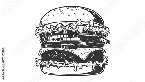 A detailed black and white illustration of a burger with multiple layers and toppings on a plain background