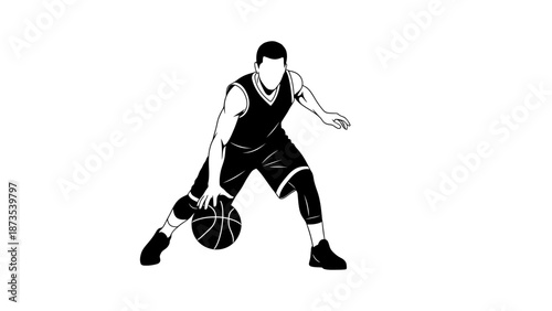 A male basketball player in action dribbling a ball on a court