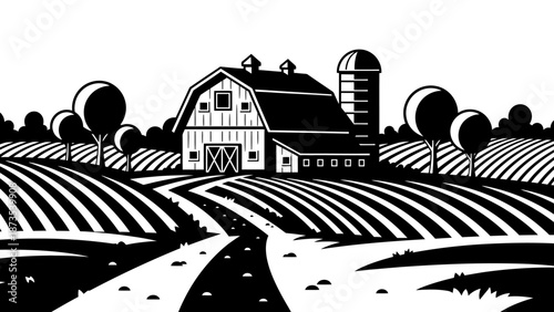 Rural landscape with farmhouse, silo, and fields viewed from a distance under a clear sky