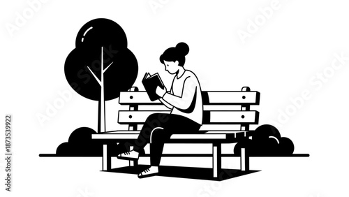 Woman sitting on a park bench, working on a laptop with a relaxed atmosphere