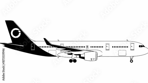A commercial airplane is depicted in a simple line drawing against a white background