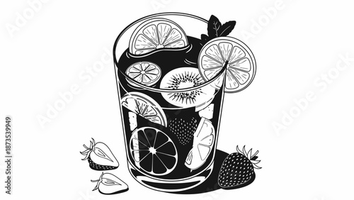 A refreshing glass of citrus drink surrounded by fruits and leaves, viewed from the side.