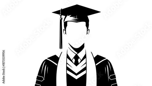 A young graduate in academic regalia, wearing a cap and gown, standing against a plain white background.