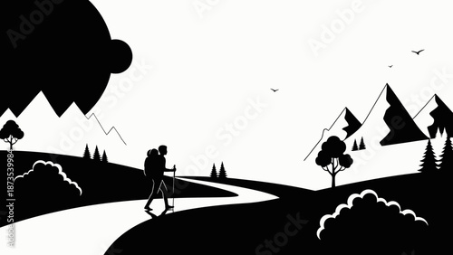 A lone hiker traverses a winding path through a serene mountain landscape with trees and hills