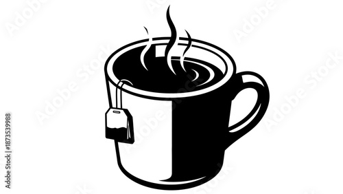 A steaming cup of coffee on a table, viewed from the side, featuring a tea bag attached to the mug.