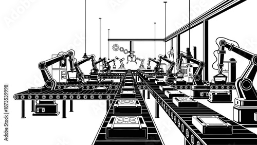 Robotic arms working on assembly line in industrial factory setting with conveyor belts and machinery
