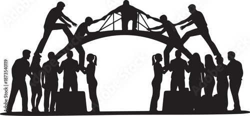 Silhouette of people building a bridge together teamwork concept