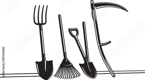 Gardening tools and scythe in a line illustration style