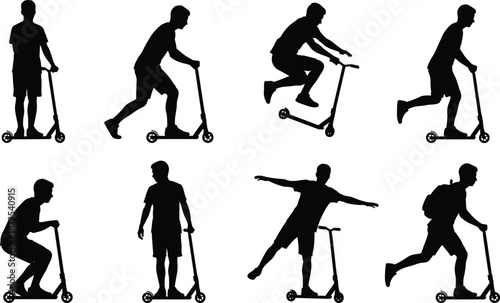 Kick scooter silhouette illustration, black design of riders in motion, jumping, crouching, balancing, dynamic poses, urban activity concept