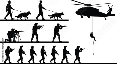 Military silhouette illustration, soldiers with rifles, helicopter rappel, dog patrol, tactical formation, black design, combat action, defense concept
