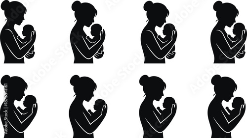 Mother and baby silhouette icon set, maternal love bonding, motherhood care moments, parent child relationship black vector illustration