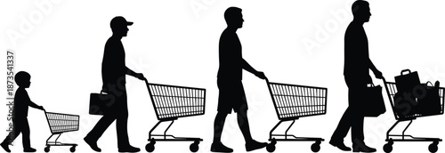 Shopping silhouettes progression, people pushing carts, consumer buying stages, retail lifestyle concept, supermarket customers, family purchase behavior illustration