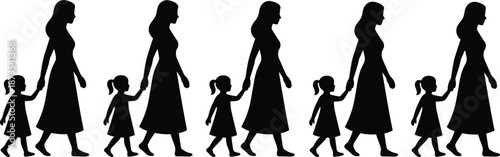 Silhouette of woman and girl walking together, holding hands, motherhood concept, generational bond, black pattern illustration, family love theme