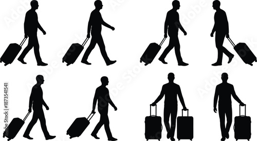 Travel suitcase silhouettes, walking passenger poses, airport luggage transport, business traveler movement, journey concept icons, tourism commute illustration set