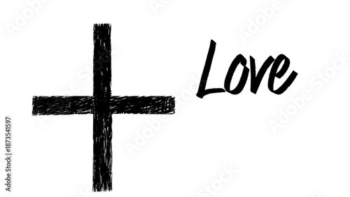 Hand drawn cross with love text on white background
